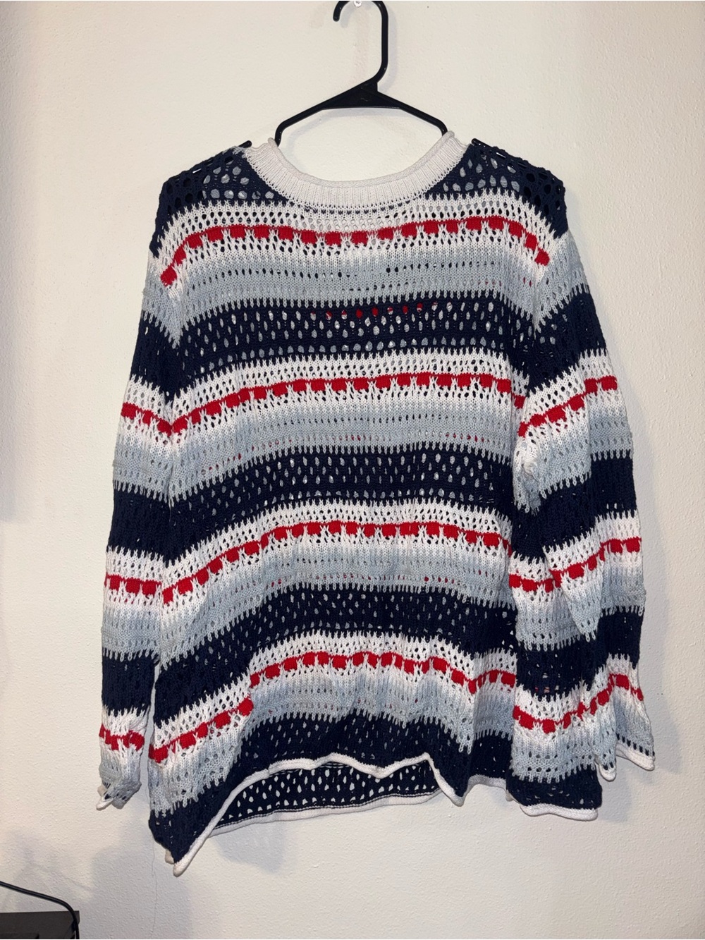Joan Rivers Open-Knit Striped Crewneck Sweater in Navy, White & Red